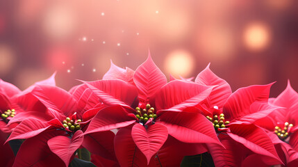 Minimalistic background with poinsettia flowers, top view with empty copy space