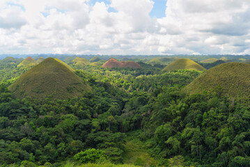 Panoramic view from the observation deck of the Chocolate Hills in the national park, located on the Philippine island Bohol