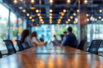 Blurred business people are meeting at table. Defocused modern business office room with bokeh light background. Generative AI