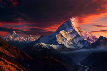 The majestic mountain peaks bathed in the warm light of the sunset. A winding river flows through the rugged valley, filling the dramatic landscape with tranquillity. AI generated. - obrazy, fototapety, plakaty