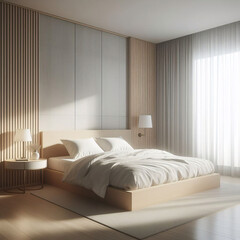 窓のブラインド、木製のベッド、灰色の毛布、枕、寄木細工の床のベッドサイド テーブルから日光が当たる、モダンで豪華な寝室の空白のベージュ茶色の壁。