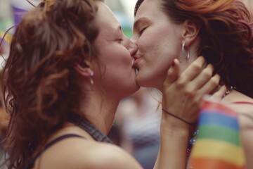 With pride and joy, the lesbian couple shared a tender kiss amidst the festivities of the parade
 - obrazy, fototapety, plakaty