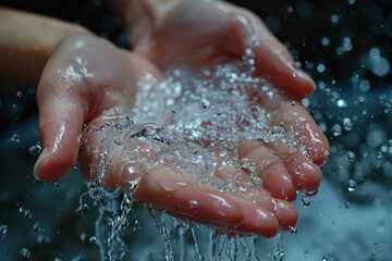 Fototapeta premium Cupped hands catching clear splashing water on dark background