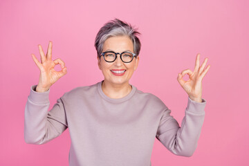 Photo of positive glad retired woman wear trendy jumper two hands demonstrate okey sign nice...