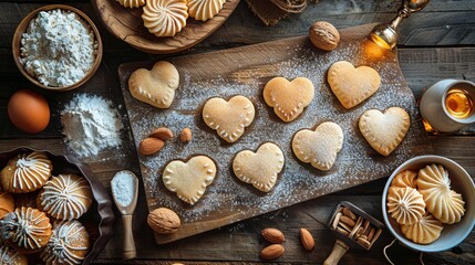Wooden Table Covered With Heart Shaped Cookies