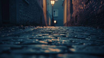 Illuminated street lamp on cobblestone street at dusk