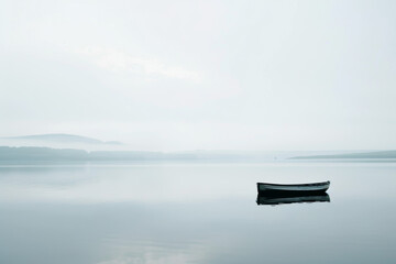 Canoe on calm lake with foggy forest backdrop in morning light