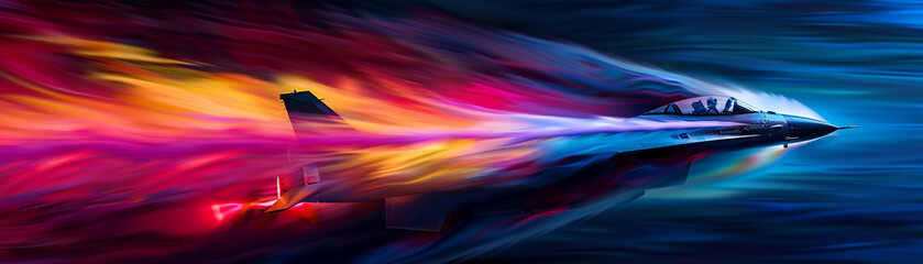 Experimental jet breaks sound barrier, creating a colorful shockwave explosion. - obrazy, fototapety, plakaty