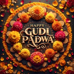 Realistic wallpaper for gudi padwa with a circular arrangement of flowers. - obrazy, fototapety, plakaty