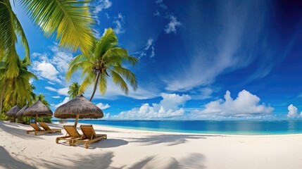 Panorama beautiful beach with white sand, turquoise ocean, and blue sky with clouds on a Sunny day. Summer tropical landscape with green palm trees and Straw umbrellas with empty copy space. - Powered by Adobe