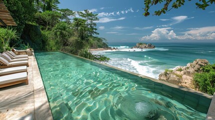 Large Swimming Pool Overlooking Ocean - obrazy, fototapety, plakaty