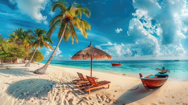 Panorama beautiful beach with white sand, turquoise ocean, and blue sky with clouds on a Sunny day. Summer tropical landscape with green palm trees and Straw umbrellas with empty copy space.