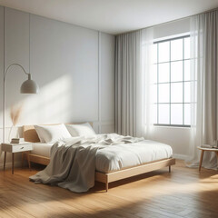 Pared marrón beige en blanco en un dormitorio moderno y lujoso a la luz del sol desde las persianas, cama de madera, manta gris, almohada, mesita de noche en el suelo de parquet para decoración.