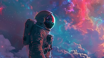 astronaut in profile looking at the universe with many neon colors in high resolution and quality