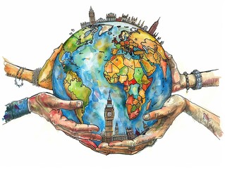 Earth globe and different cultures hand in hand cartoon showing big ben and other global landmarks, isolated on white background. - obrazy, fototapety, plakaty