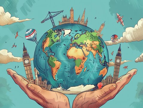 Earth globe and different cultures hand in hand cartoon showing big ben and other global landmarks, isolated on blue background.