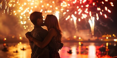A couple embracing under fireworks on New Year's Eve. stock photo --ar 2:1 --style raw Job ID: 7b35303b-01f7-402b-b1b2-efec4f4f1fae
