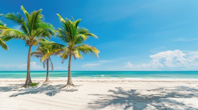 Beautiful palm tree on empty tropical island beach on background blue sky with white clouds and turquoise ocean on a sunny day. The perfect natural landscape for summer vacation, panorama.