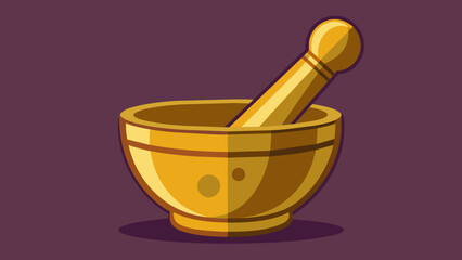  A closeup of a brass mortar and pestle used for grinding and blending various herbs and substances as described in Ayurvedic texts.