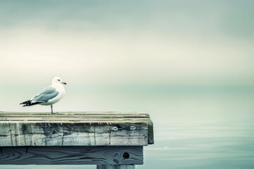 Seagull standing on a wooden pier over calm water with foggy background