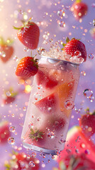 Fototapeta premium Strawberries are sinking into a can of pink soda, creating a vibrant contrast against the purple background. The fluid movement of the fruit in the liquid creates a visually stunning artwork