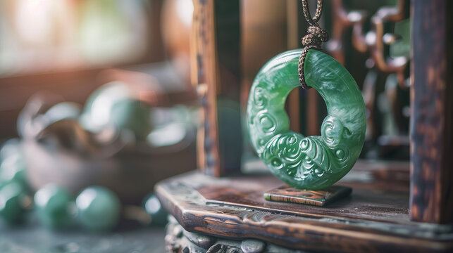 An exquisitely crafted green jade necklace resting on an antique wooden stand, highlighting the intricate Maori designs carved into it