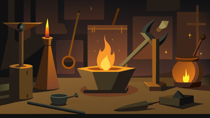  A set of ancientlooking metal tools used for extracting oils from plant matter lit by the warm glow of a candle in a dimly lit room. - obrazy, fototapety, plakaty