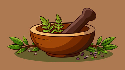  A mortar and pestle made of dark wood filled with various herbs and es being diligently ground and mixed together. - obrazy, fototapety, plakaty