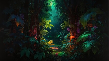Naklejka premium Nighttime Tropical Jungle with Vibrant Greenery and Diverse Tree Species