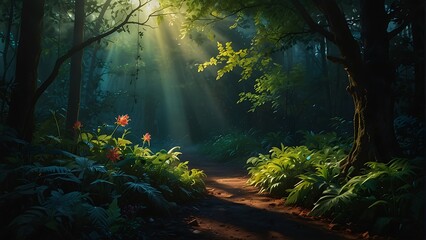 Nighttime Tropical Jungle with Vibrant Greenery and Diverse Tree Species