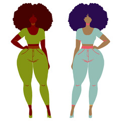 Vibrant Fashion Duo: Stylized Female Figures with Colorful Outfits and Voluminous Hair, women, vector, illustration, character, beauty, model, girls, people, hair, clothes, posing, style