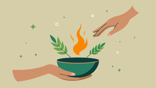  A shamans hand reaches for a bowl of burning herbs releasing a calming and grounding aroma into the air.
