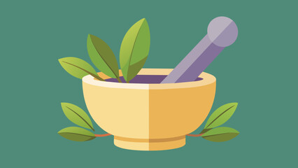  A handheld mortar and pestle used to grind up dried herbs and plants for creating homemade poultices and salves for minor s and ses. - obrazy, fototapety, plakaty