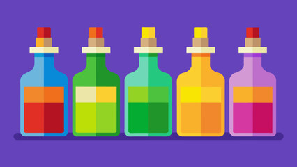  A row of colorful glass bottles each containing a different herbal tincture or extract highly concentrated and used in small doses for targeted - obrazy, fototapety, plakaty