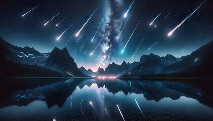 A meteor shower lighting up the night sky above a peaceful mountain lake. - obrazy, fototapety, plakaty