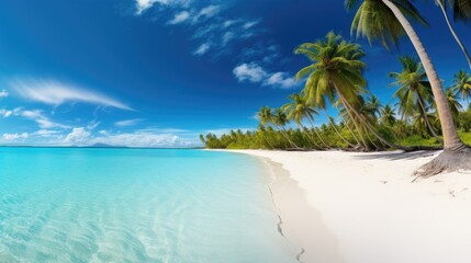 Beautiful palm tree on empty tropical island beach on background blue sky with white clouds and turquoise ocean on a sunny day. The perfect natural landscape for summer vacation, panorama.