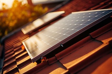 Close-up of solar panel on house roof. Clean energy technology for residential homes - obrazy, fototapety, plakaty