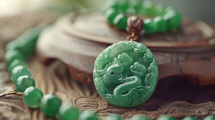 High-quality image of a green jade pendant with Maori carvings, accompanied by a matching bead necklace - obrazy, fototapety, plakaty