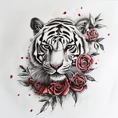  Tattoo Design of White Tiger Head with Roses