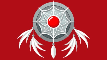  A zoomedin shot of a dreamcatcher reveals a weblike design made of white feathers and beads with a bold red stone in the center. - obrazy, fototapety, plakaty