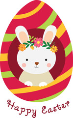 Happy Easter greeting card with cute bunny in egg. Vector illustration in flat style
