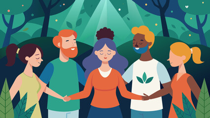  A group of diverse individuals holding hands in a circle their eyes closed in meditation in the middle of a lush forest.