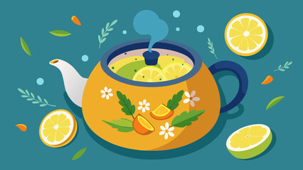  A detailed view of a boiling pot of herbal tea with ingredients like chamomile ginger and lemon slices swirling inside.