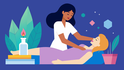 Obraz premium A woman receiving a massage from a the with essential oils and healing crystals on a nearby shelf illustrating the incorporation of holistic