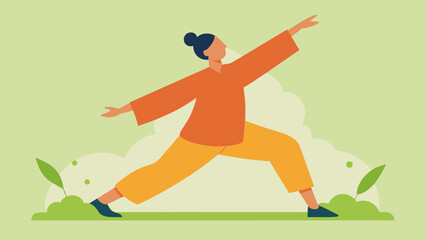  A person dressed in comfortable loose clothing gracefully moves their body as they practice Tai Chi in a peaceful outdoor setting. - obrazy, fototapety, plakaty