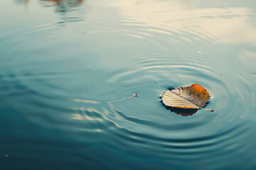Dry autumn leaf floating on still water with a misty forest backdrop