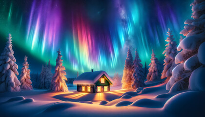 Colorful aurora borealis illuminates the night sky over a pristine snowy landscape. - obrazy, fototapety, plakaty