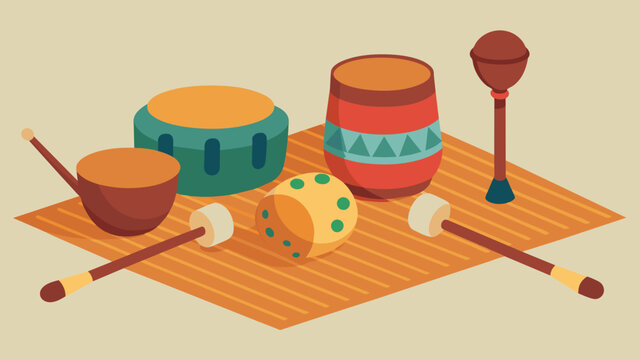  A group of instruments including a rainstick shakers and a miniature drum sit on a woven mat. Each instrument offers a different texture and
