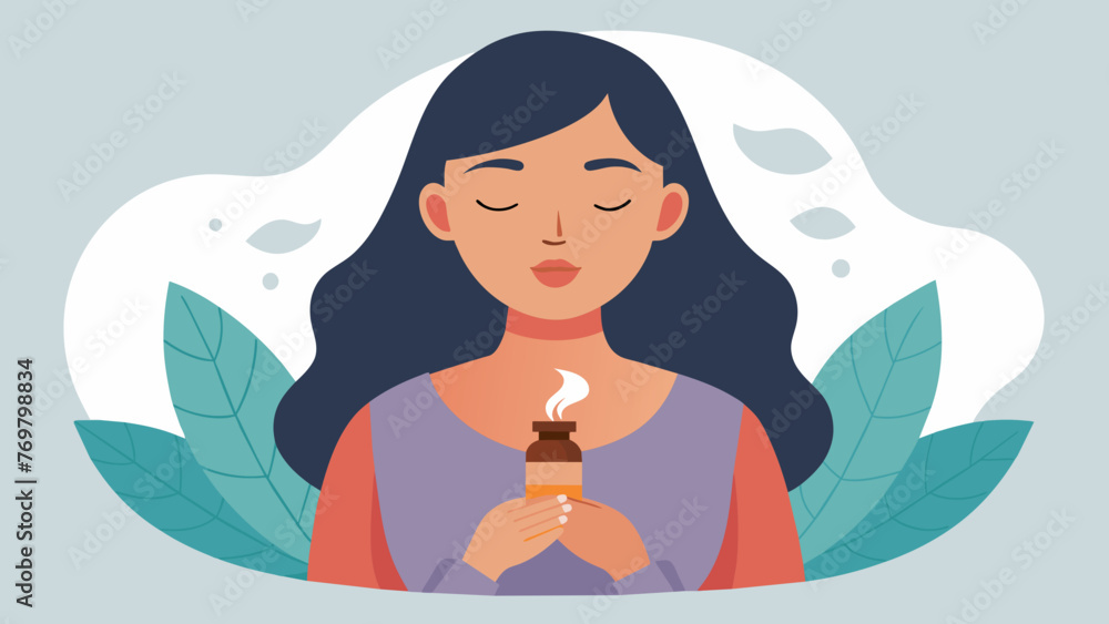 Poster  A closeup of a womans face in deep concentration is captured in the sixth image. She is holding a small bottle of fragrant essential oils and