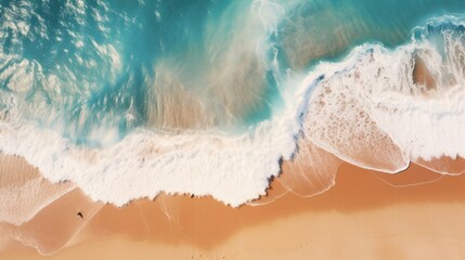 Fototapeta na wymiar Aerial view of the ocean waves crashing against brown sand, creating dynamic patterns and textures. 